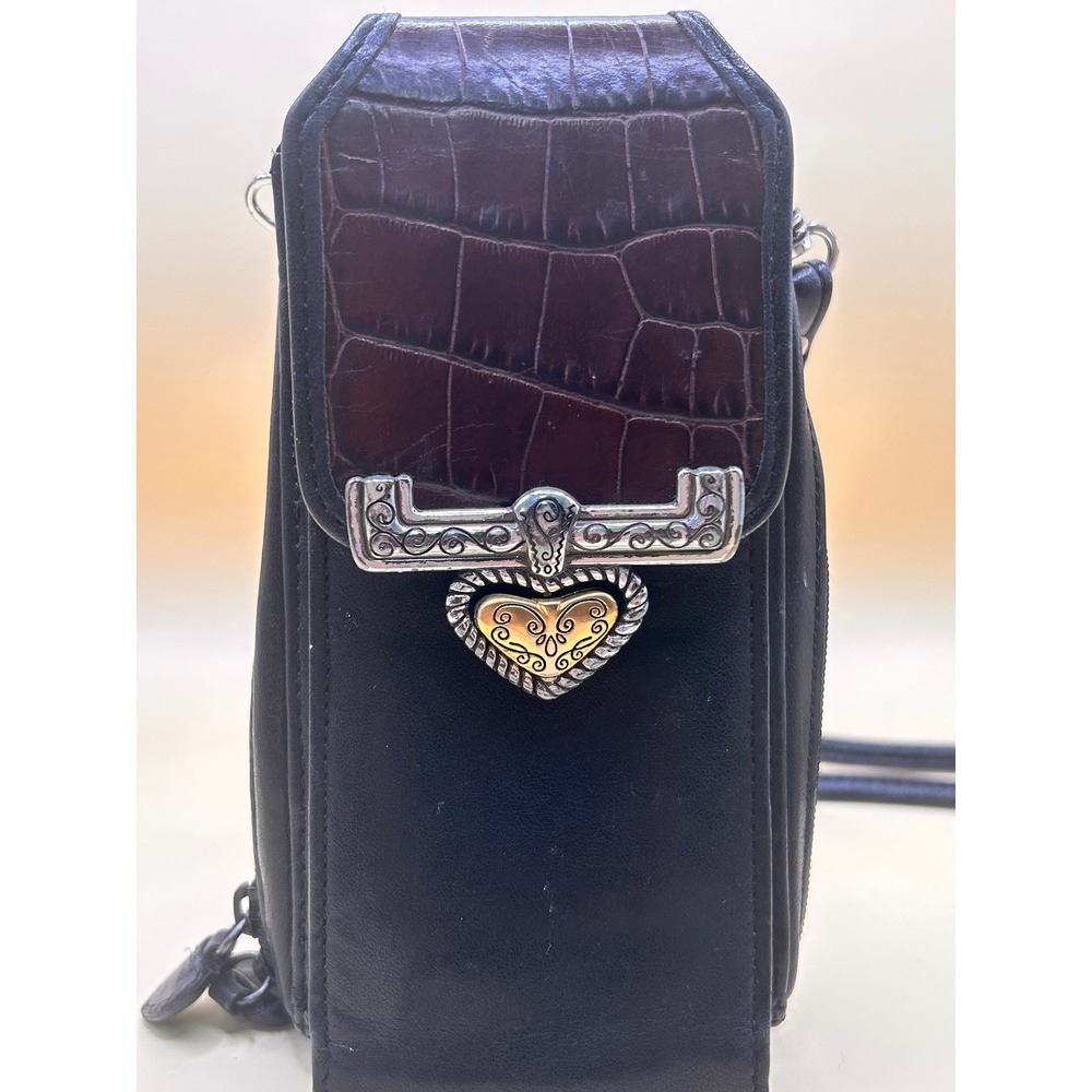 Brighton‎ Black Brown Croc Leather Crossbody Phone Bag Silver/Gold Heart - Picture 3 of 12